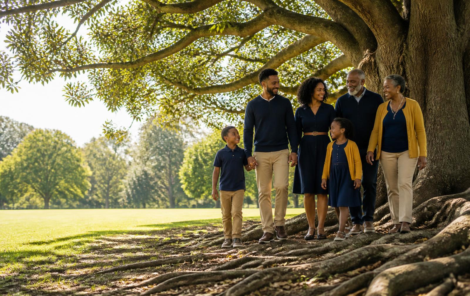 Multigenerational family walking together beneath a strong oak tree